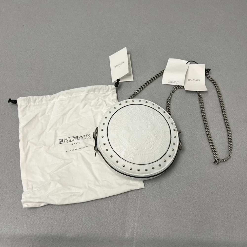 Balmain‎ Disco Leather Circle Crossbody Shoulder Bag White Small Chainlink Strap - Picture 4 of 16